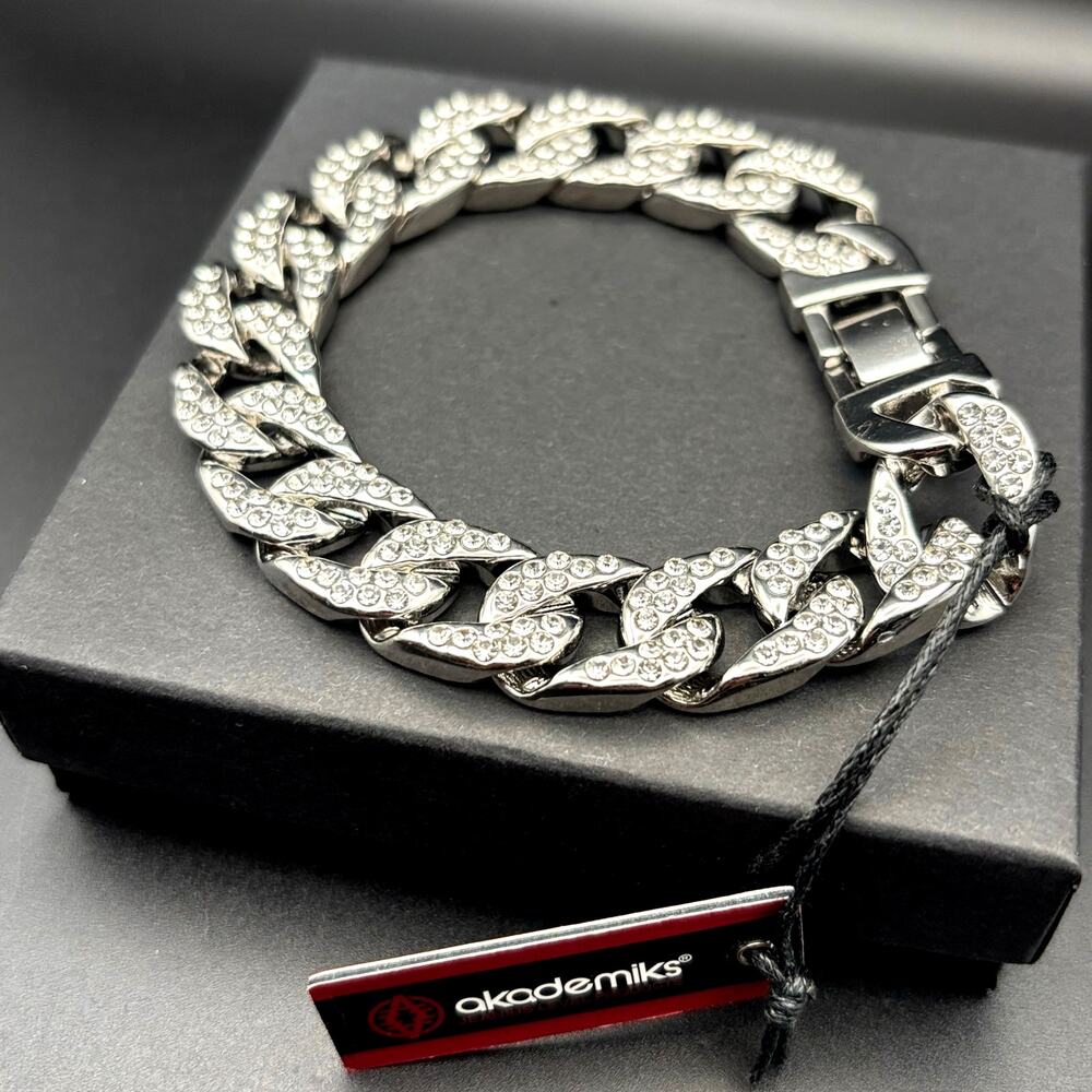 Akademiks Men’s Stainless Steel  240 Cubic Zirconia Cuban Link Iced Bracelet NWT
